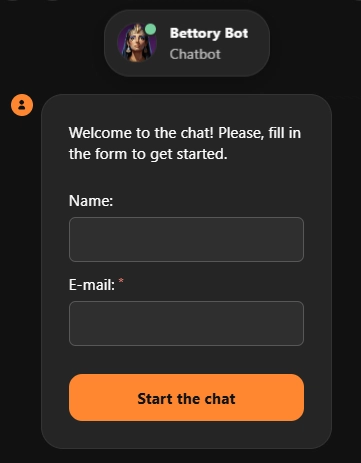 Livechat van Betoranje Casino met een formulier om contact op te nemen met de klantenservice
